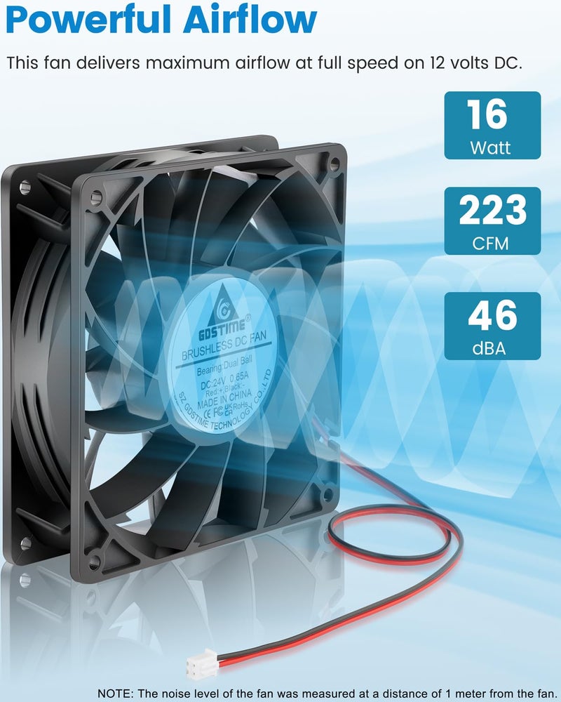GDSTIME 140mm x 38mm High Static Pressure Fan 24V 2-Pin - 140x140x38mm Dual Ball Bearing Brushless Cooling Fan for CPU Coolers, Heat Sinks, Radiators - Image 3